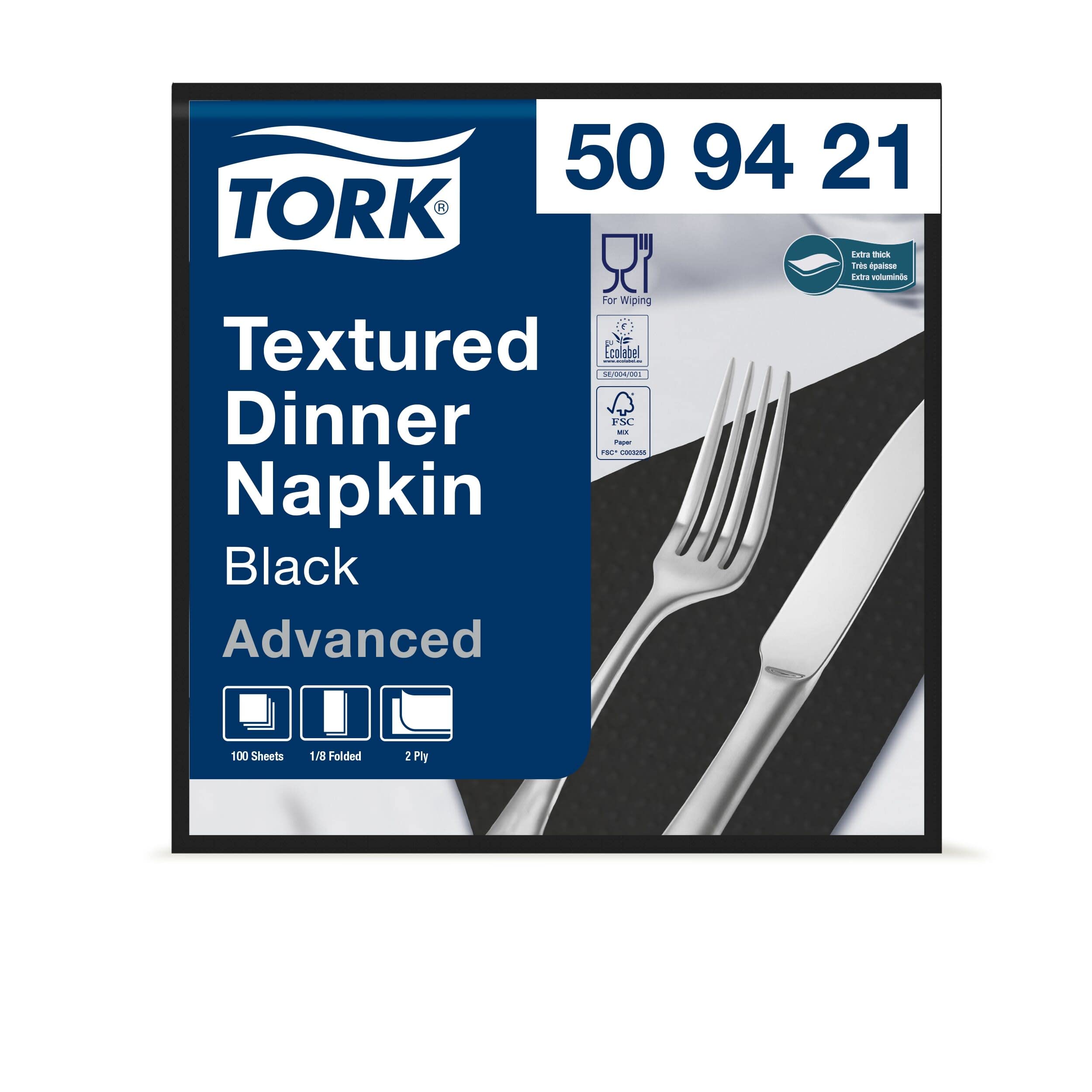 Tork 509421 - Servilleta negra de papel gofrado, doblada pliegue 1/8, 2 capas, 12 x 100 (1200 servilletas), 38 cm x 39 cm, color negro