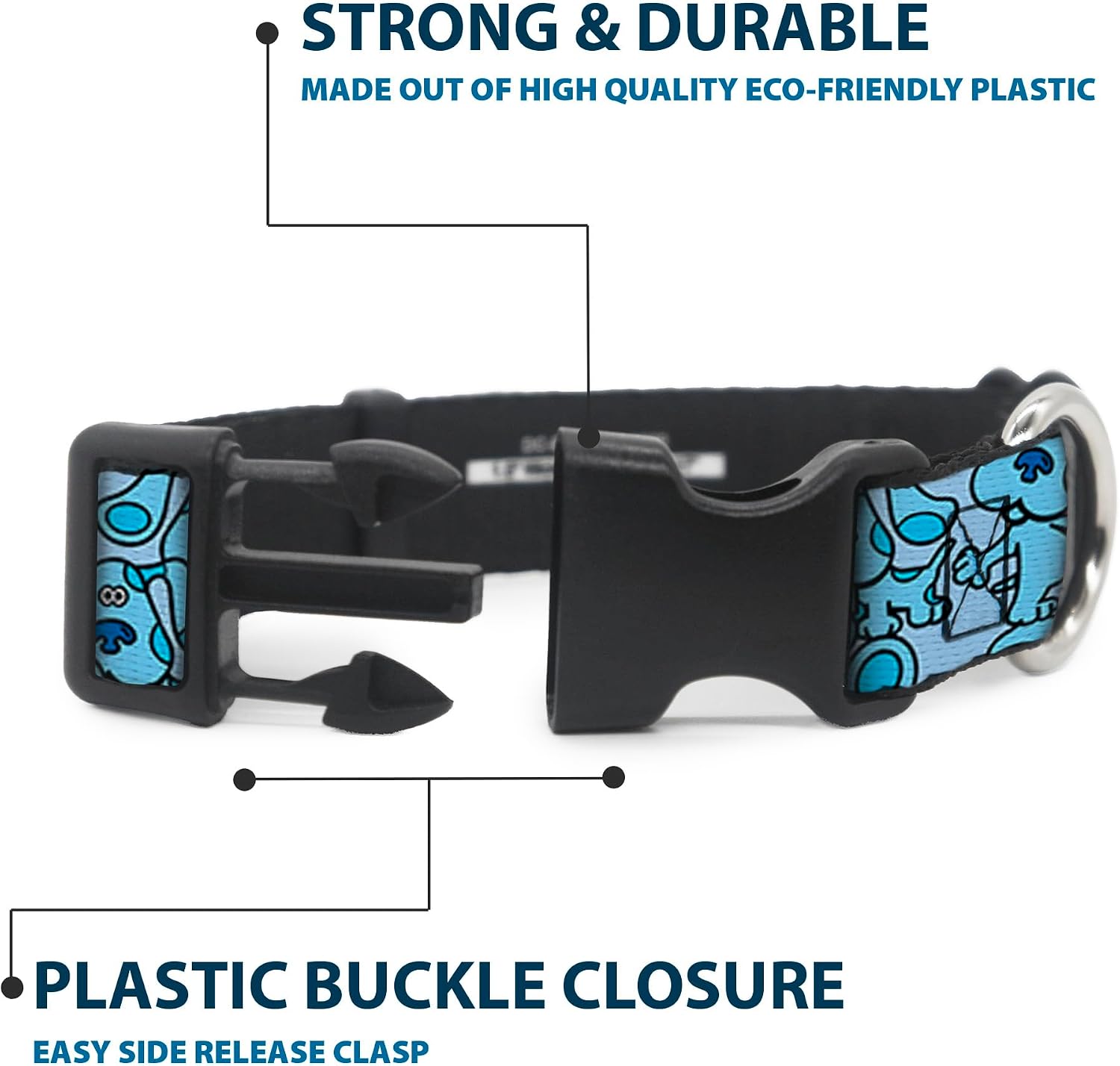 Buckle-Down Dog Collar Plastic Clip Blues Clues Blue Poses Scattered 13 to 17 Inches 1.5 Inch Wide