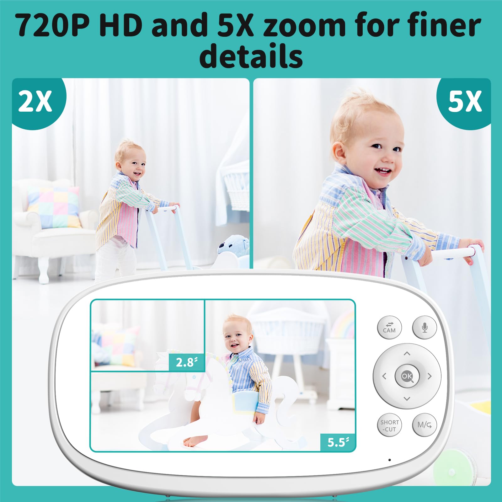 Babyphone con fotocamera, 5,5 pollici, 1080P IPS Baby Monitor con batteria da 5000 mAh, tracking mobile, allarme di sicurezza, visione notturna HD, modalità VOX, zoom 5x, audio a 2 vie