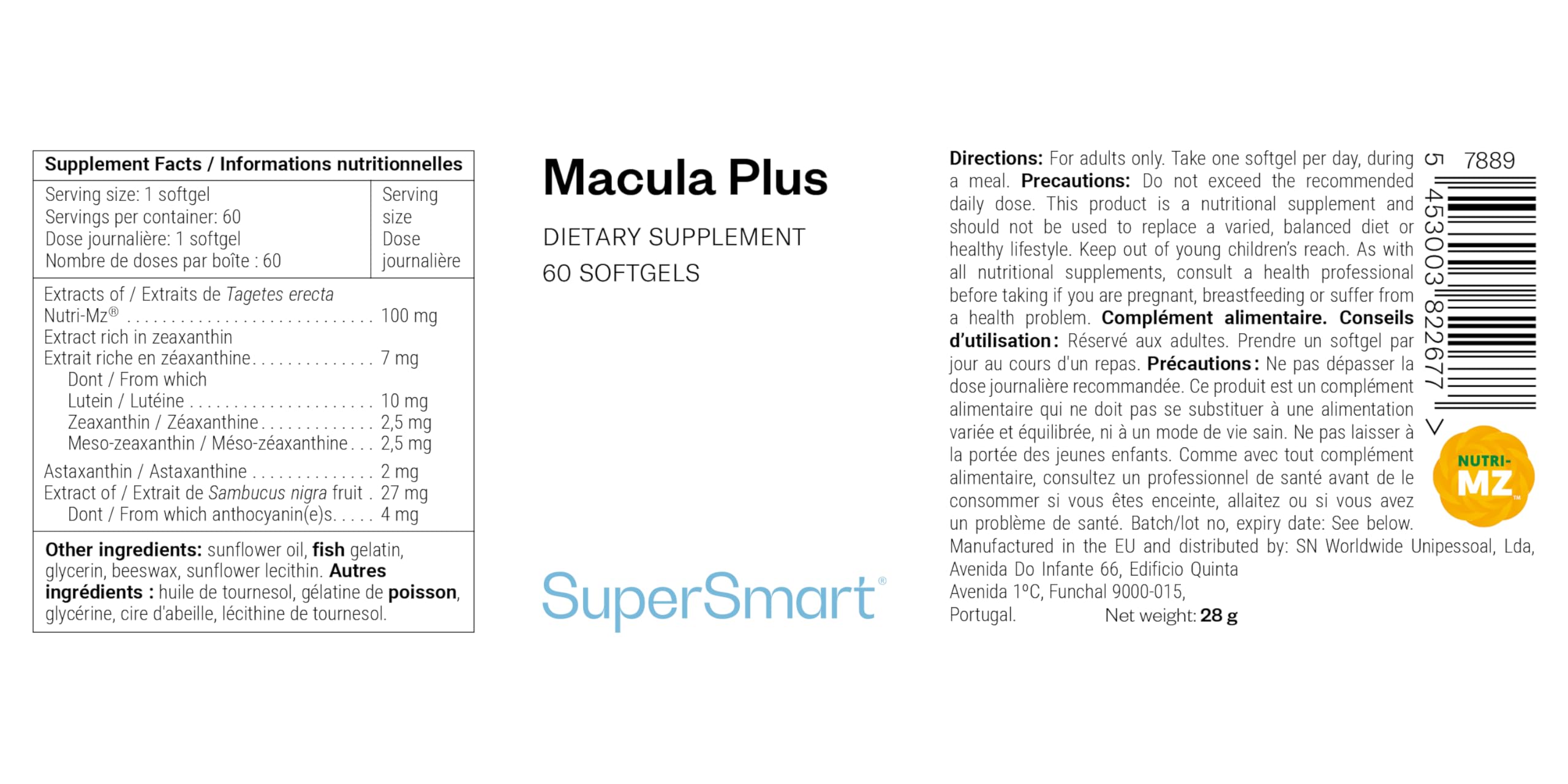 Macula Plus - Complément alimentaire pour la Vision - Soutien de la Macula - Santé Oculaire - Fatigue Oculaire - Lutéine et Zéaxanthine – 60 softgels – SuperSmart