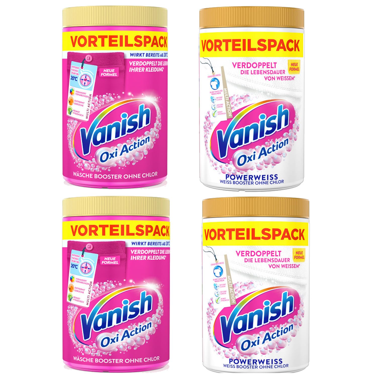 Vanish Oxi Action Wäsche Booster und Powerweiss Sparpack - 2 x 1,65 kg Powerweiss Wäsche-Booster für weiße Wäsche & 2 x 1,65 kg Wäsche-Booster für bunte Wäsche