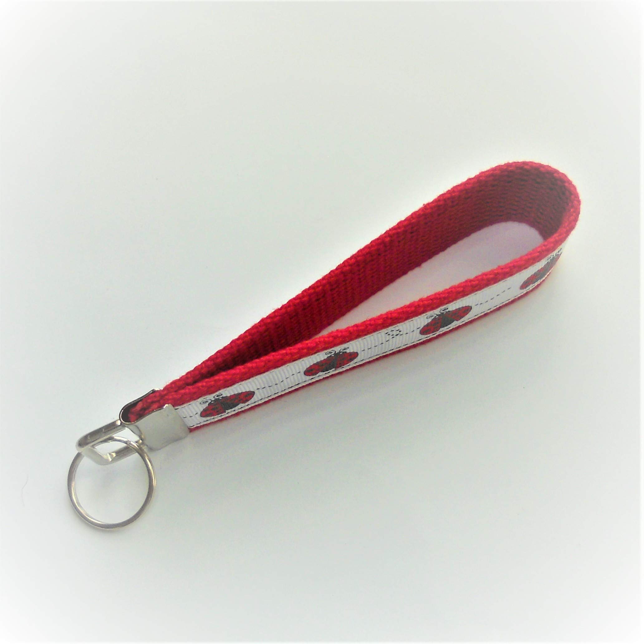 Wristlet Key Fob Larger 6 Inch White Red Ladybugs Red