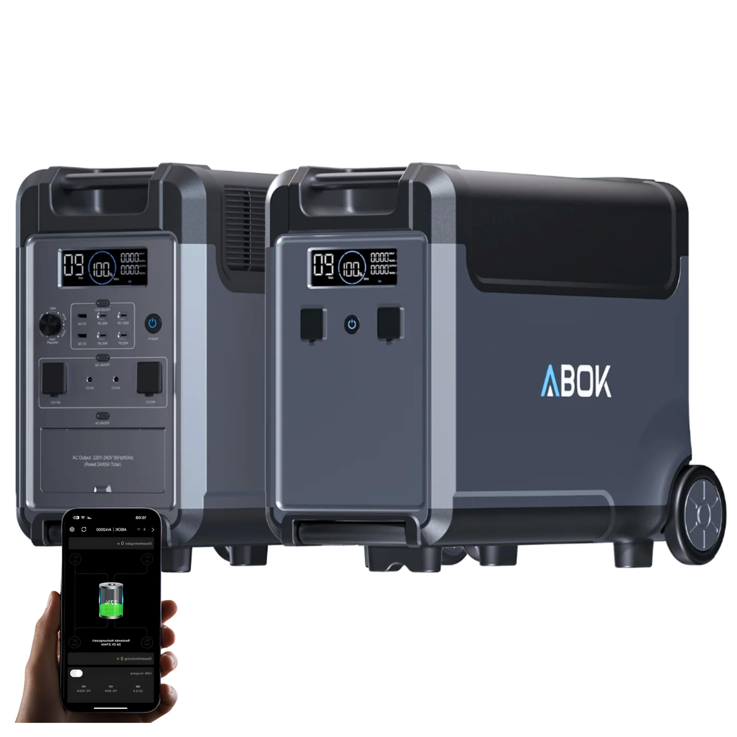ABOK ARK3600 Station d'alimentation + 1 batterie supplémentaire ARK3600E, générateur solaire LiFePO4 7680 Wh 3600 W avec roulettes, stockage d'énergie extensible, alimentation de secours pour la