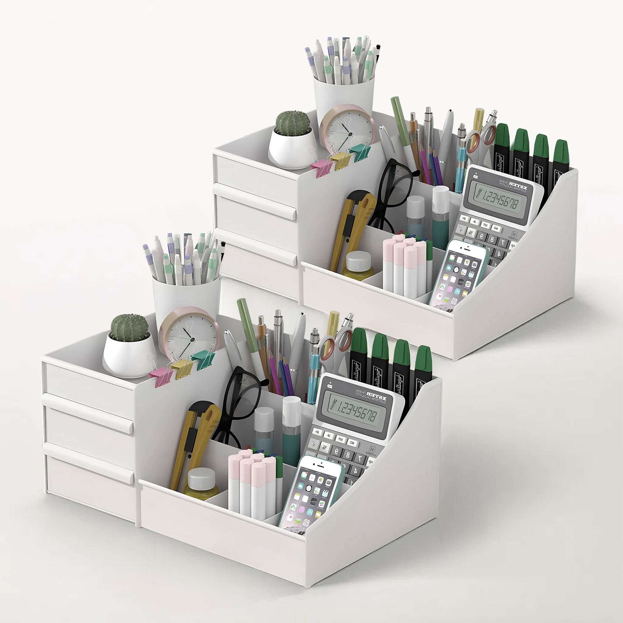Kuber Industries Pack of 2 Stationary Organizers for Desk & Pen Holder for Study Table | 8 Compartments Pencil Box with Drawers for Students | White (B0DF5GPK81) Amazon Price History, Amazon Price Tracker