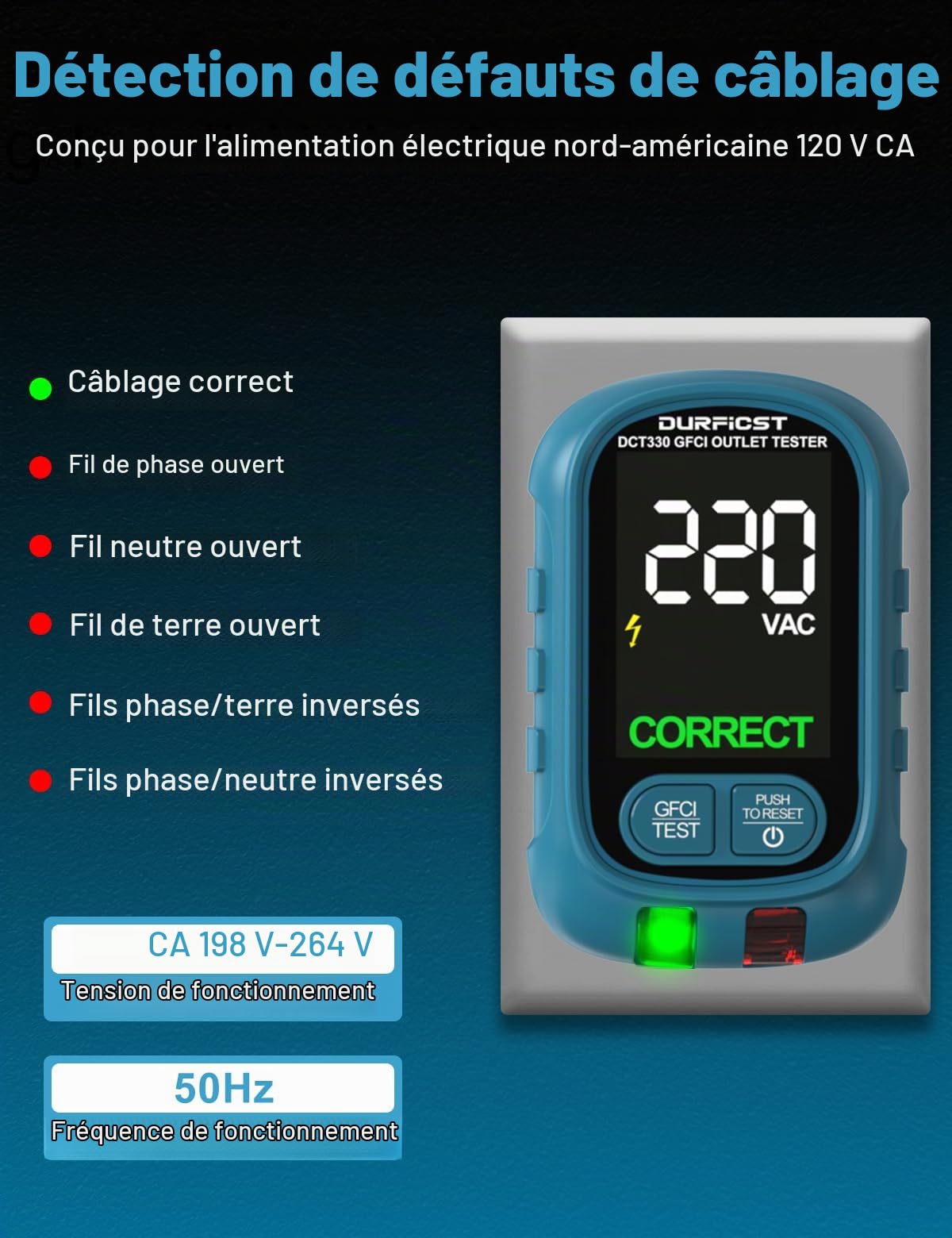 DURFICST Détecteur de Fusibles Testeur de Prises GFCI/RCD 198-264V NCV | Détecteur de Circuit Électrique avec Double Écran LCD, Alarme Sonore pour la Maison/l'atelier, Étui de Transport Inclus