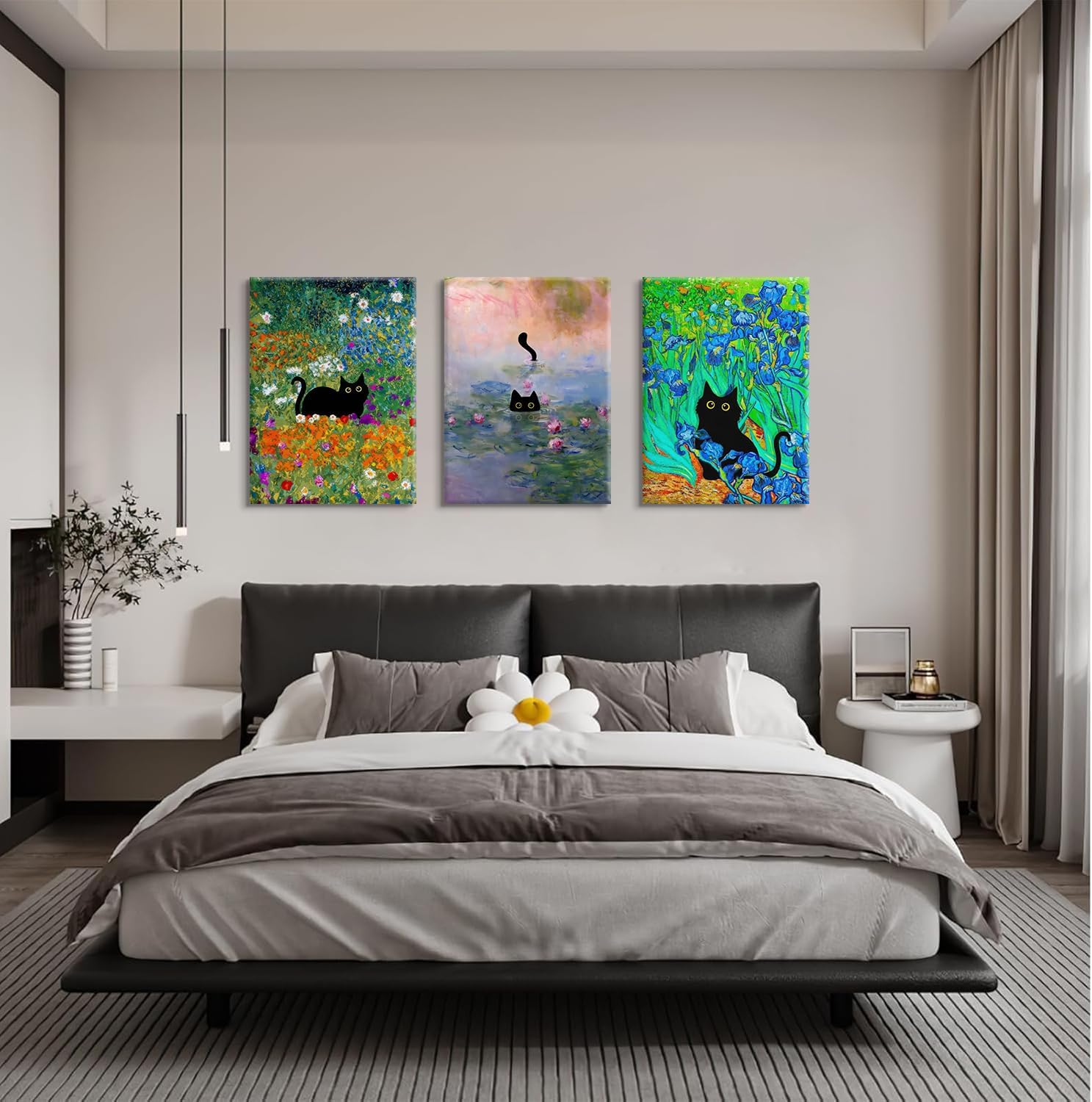 3 pcs Funny Black Cat Wall Art in pink Water Lilies Cat Posters Vintage Cat Famous Oil Paintings Aesthetic Animal Floral Canvas Prints for Bedroom Living Room Bathroom Wall Decor 12x16in Canvas