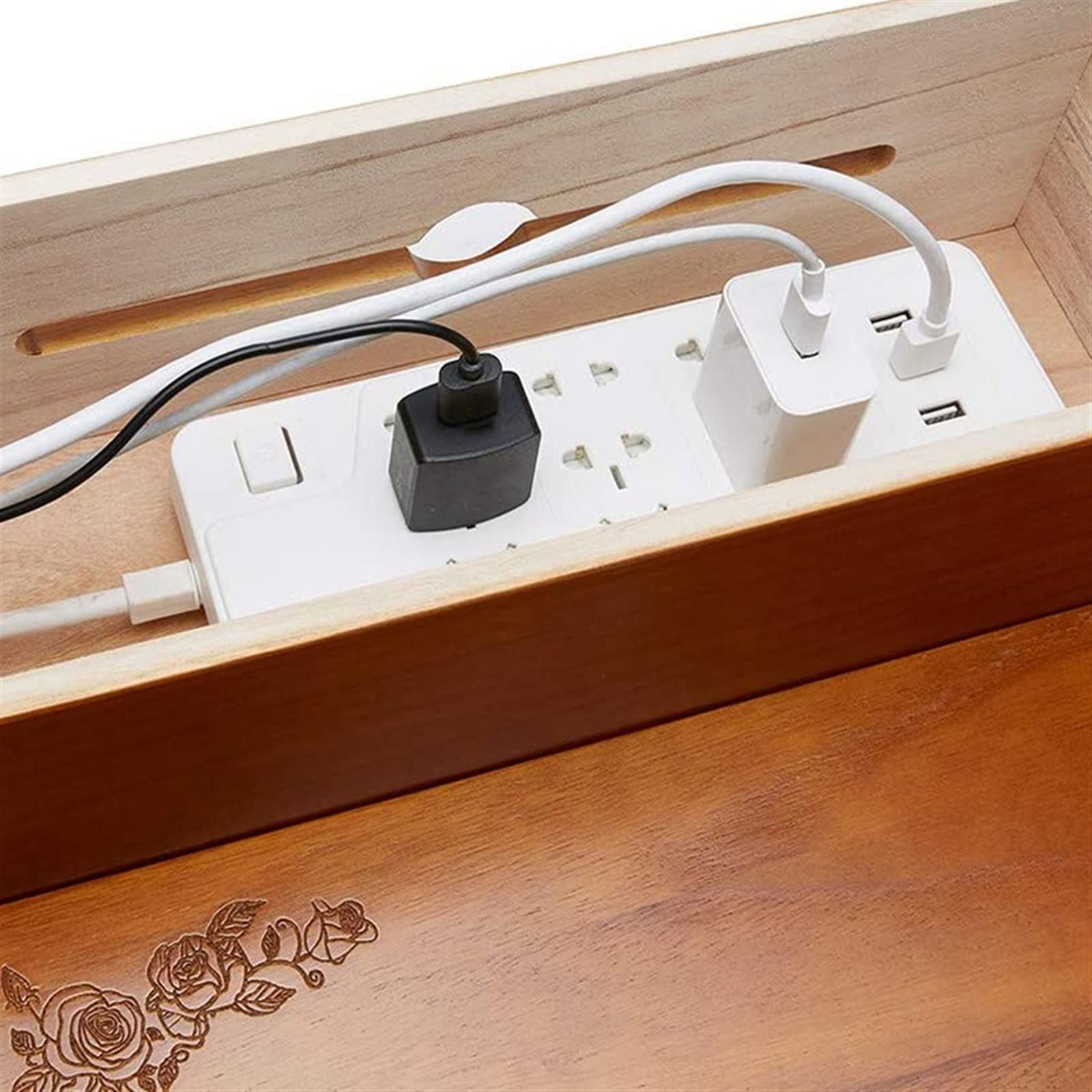 ordenador de cables, Caja de almacenamiento cables escritorio, caja organizadora madera(Dark Brown)