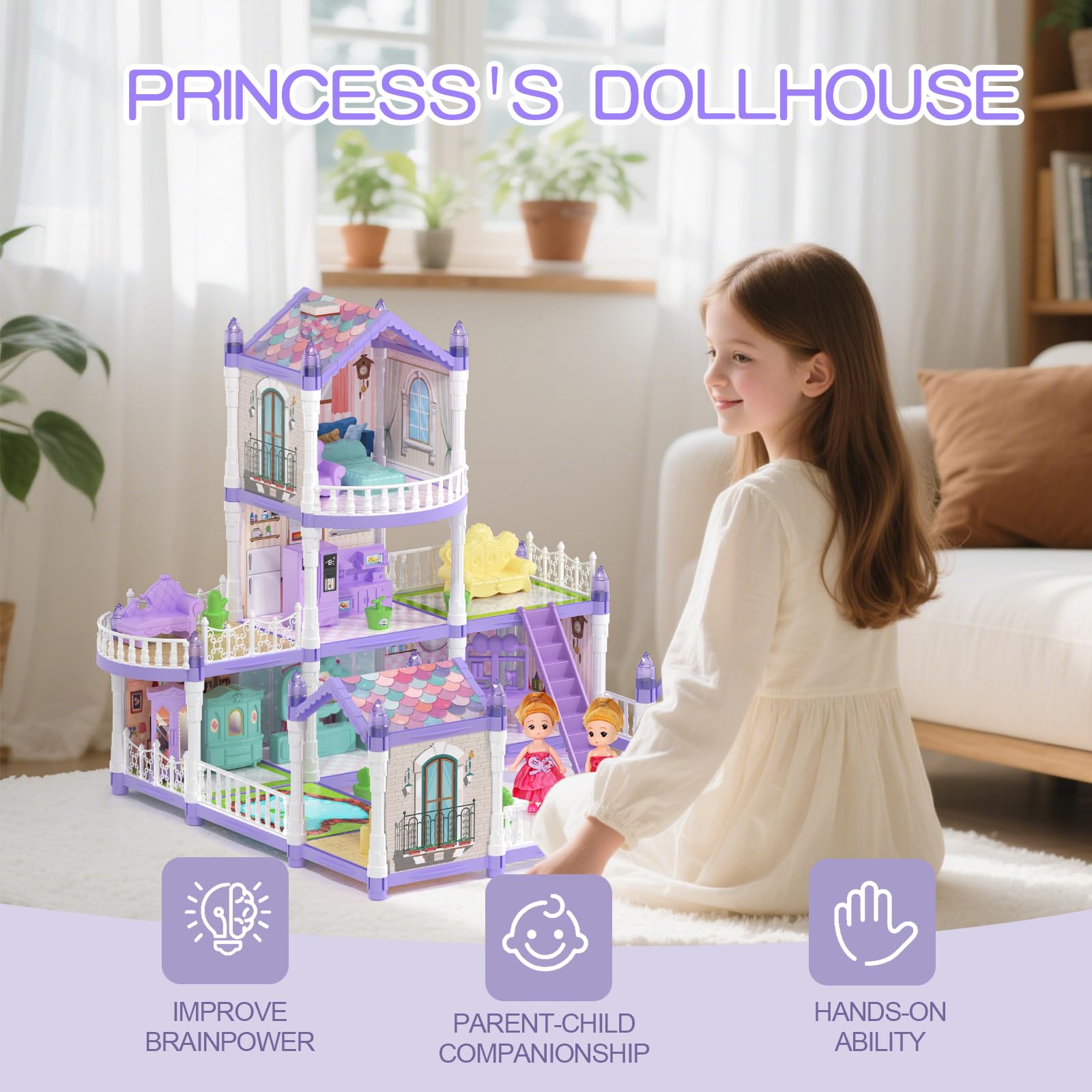 Juego de casa de muñecas de princesa, casa de muñecas morado lila con 9 habitaciones en 3 pisos, incluye 2 muñecas, 2 mascotas, 12 muebles y otros accesorios, regalo perfecto para niñas casa de