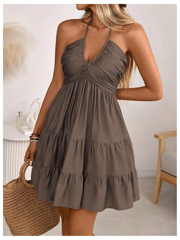 BEAUDRM Women's Halter Sundress Flowy Mini Dress Summer Beach Dress Brown by BEAUDRM - Used condition - Image 5