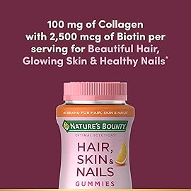 Nature\'s Bounty Hair, Skin & Nails with Biotin and Collagen, Citrus-Flavored Gummies Vitamin Supplement, Supports Hair, Skin, and Nail Health for Women, 2500 mcg, 80 Ct (2 Pack), 80 Total Servings