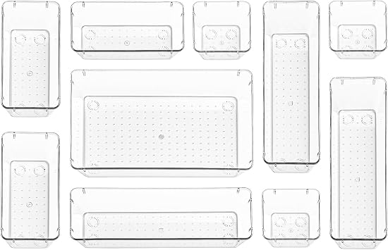 10 Pack Clear Plastic Drawer Organiser Set 4-Size Makeup Organizer Trays Tool Storage Bins Dresser Desk Separation Box for Cosmetics Jewelry Bedroom, Kitchen Gadgets Utensils and Office