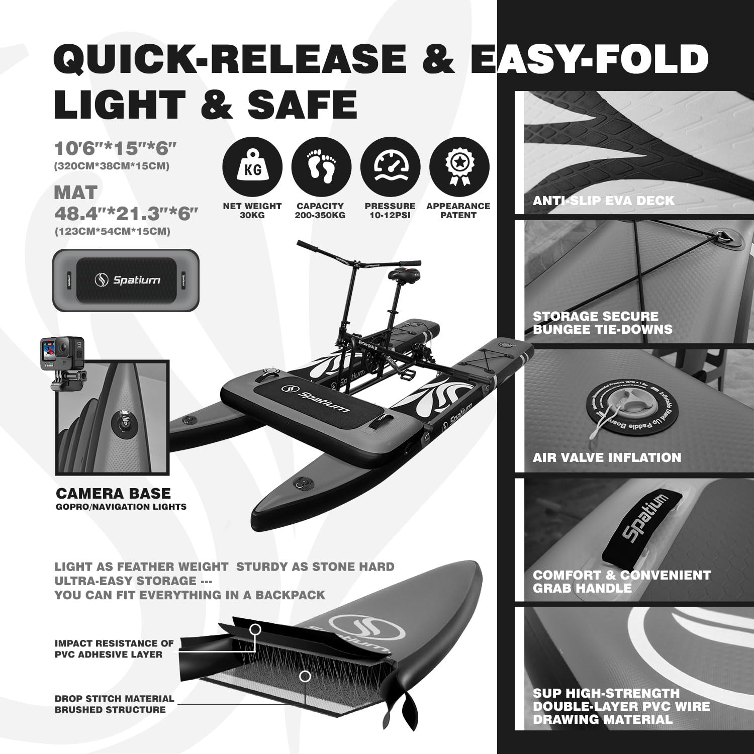 Spatium Gonfiabile Water Bike Grigio Pedal Boat Gommone da pesca Pedal Kayak Libera le mani per godersi l'acqua e la pesca Bicicletta gonfiabile