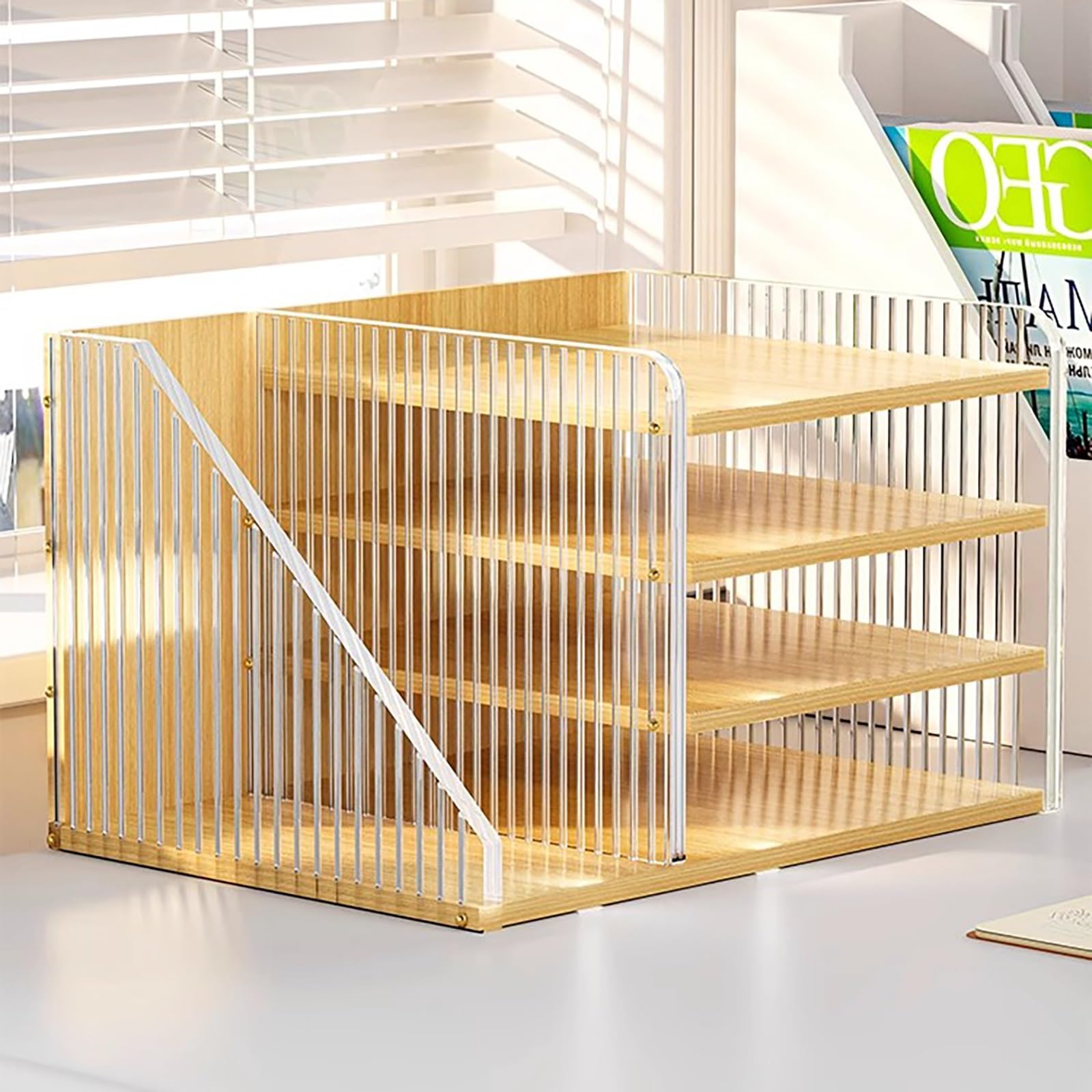 Schreibtischregal, Schreibtisch-Organizer Aus Polypropylen, Bücherregal Klein Mit 4 Schichten, Tischregal Aus Holz, Schreibtisch Aufsatzregal, Standregal Für Wohnheim, Zuhause(Wit)