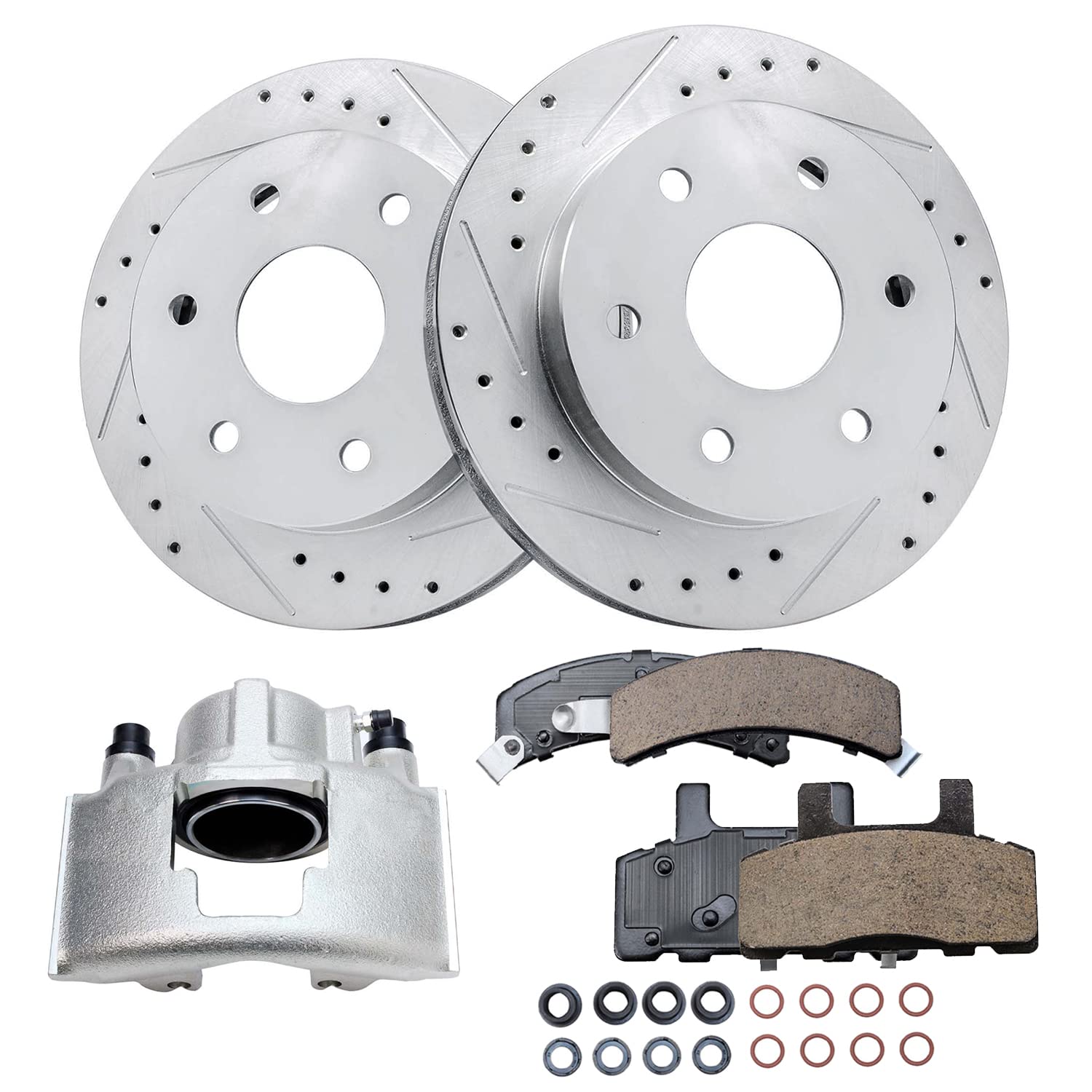 Detroit Axle - Front Drilled Rotors Brake Pads Right Caliper Replacement