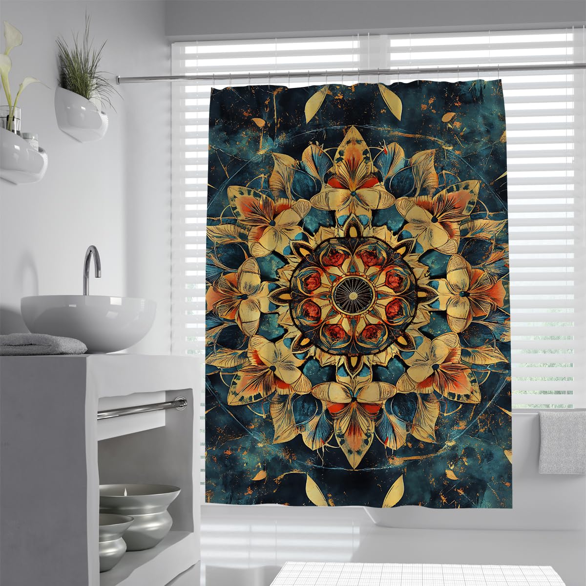 UERWOWELL Psychedelic Floral Kaleidoscope Shower Curtain Eclectic Botanical Bath Curtain Geometry Vintage Shower Curtains Waterproof Fabric W200xL200 cm