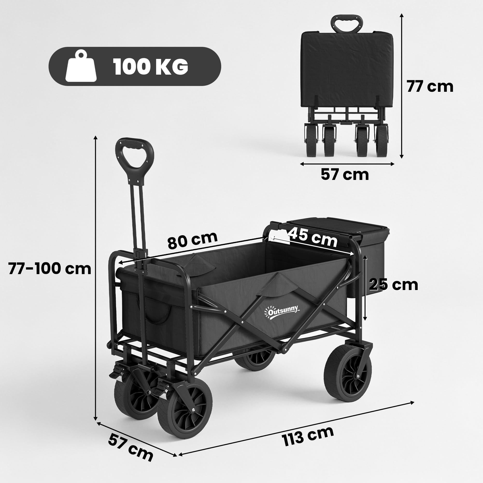 Outsunny Chariot de plage pliant avec grandes roues, extérieur, Noir | Sac isotherme amovible, longueur et angle de poignée réglables, sac de transport, 100 kg de charge, courses, jardin