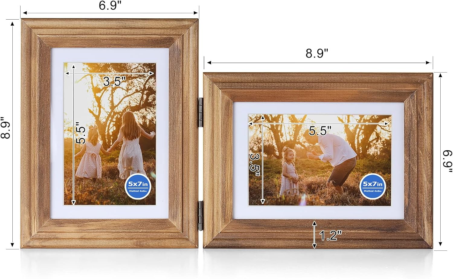 5X7 Double Wooden Hinged Picture Frame Vertical and Horizontal in Distressed Farmhouse Wood Grain, Display 4x6 with Mat or 5x7 without Mat, Folding Photo Frame with Real Glass Front for