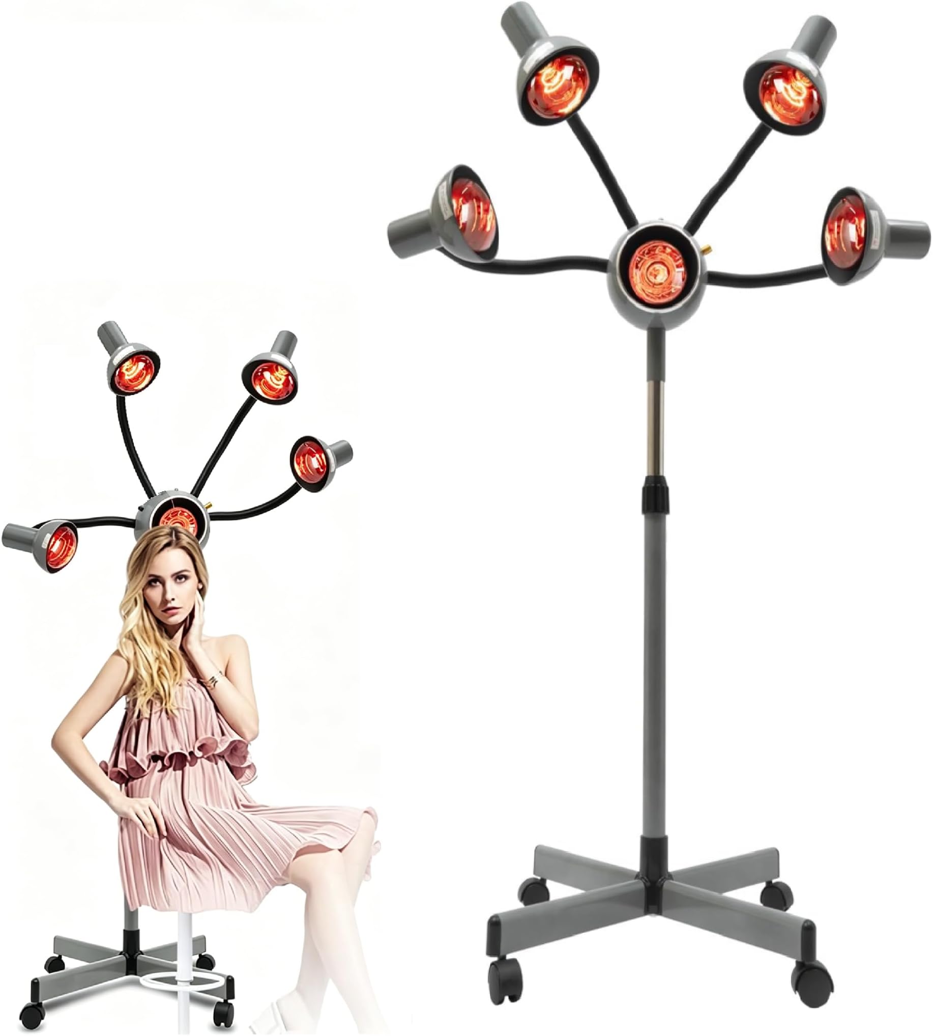Hair Dryer, 5 Head Infrared Heat Lamp, Adjusting Height Styling Perming Dryer, Salon Heat Lamp, Chrome Arms, Metal, White