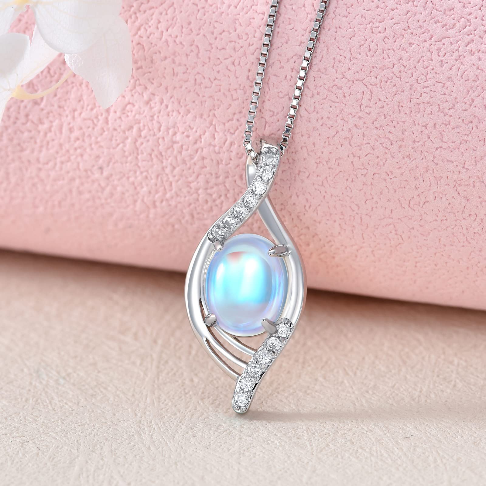 Mondstein Kette Damen 925 Sterling Silber Anhänger Halskette Tropfen Regenbogen Schmuck Geburtstag Geschenk für Mutter Mädchen