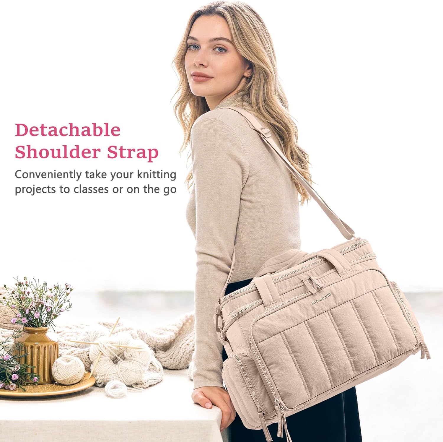 MYBAGZING Large Knitting & Crochet Bag Organizer for Yarn Storage, Double-Layer Knitting Project Bag with 6 Grommets, Yarn Organizer Tote for Knitting Supplies Crochet Hooks & Accessories Gift for Mom