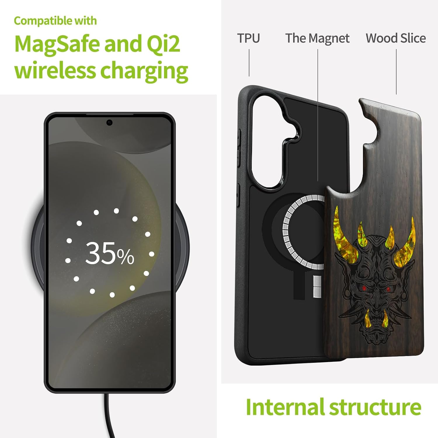 Carveit Magnetic Wooden Case for Samsung Galaxy S26 Case, Wood Artisan Engraved & Handmade Shell Inlaid, Compatible with MagSafe Wireless Chargers (Japanese Oni Mask) Blackwood