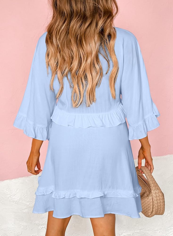 Dokotoo Womens Dress Summer Ruffle Short Sleeve Sundress V