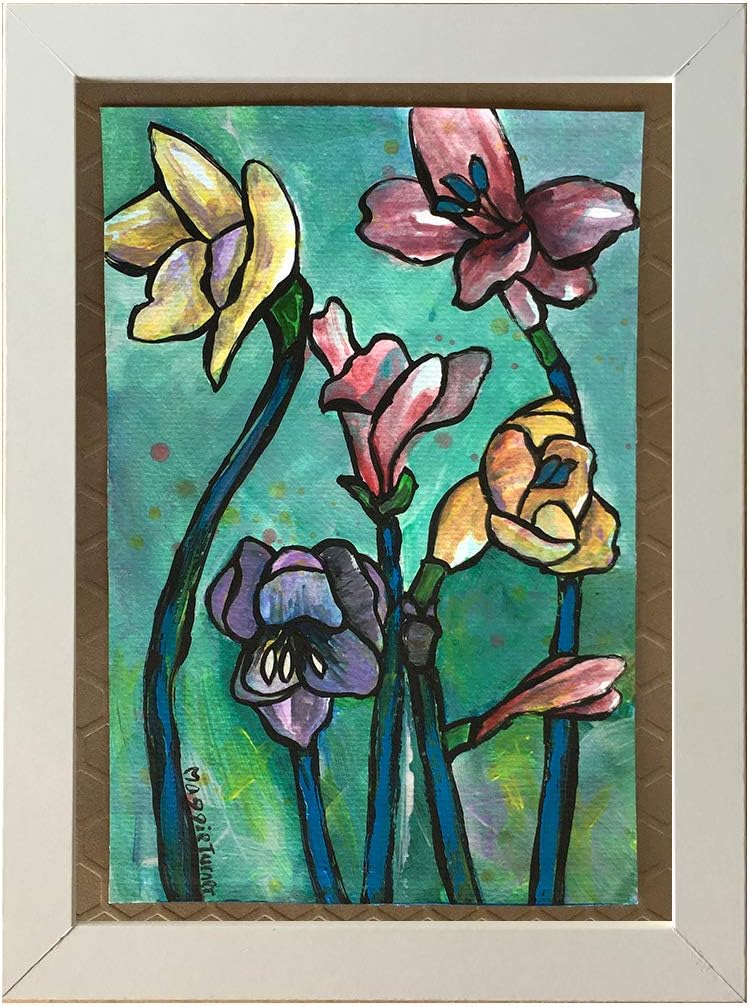 Standing Freesias, Small Original Flower Watercolor Painting, Hand Painted, Not Print, 5x7 Framed
