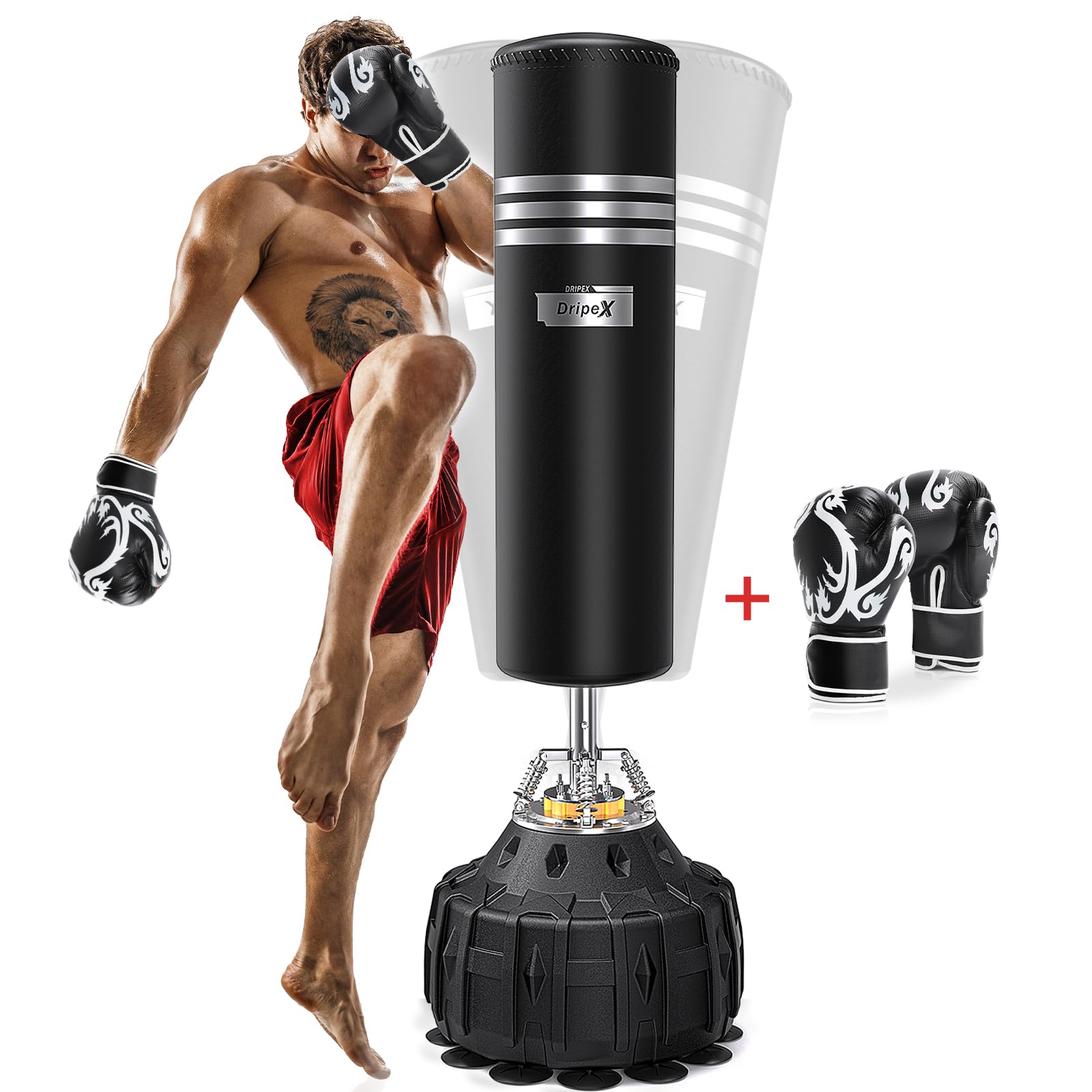 Dripex Free Standing Punch Bag with Boxing Gloves, Heavy Duty Boxing Bag with 19 Suction Cups - 70", Upgraded Pedestal Punching Bag for Adult Men Youth, MMA Muay Thai Kickboxing Home Gym Training