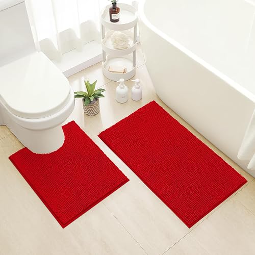 HOMEIDEAS Bathroom Rugs Set 2 Pieces, Ultra Soft Non Slip Absorbent Chenille Toilet Bath Mat Set (Red)