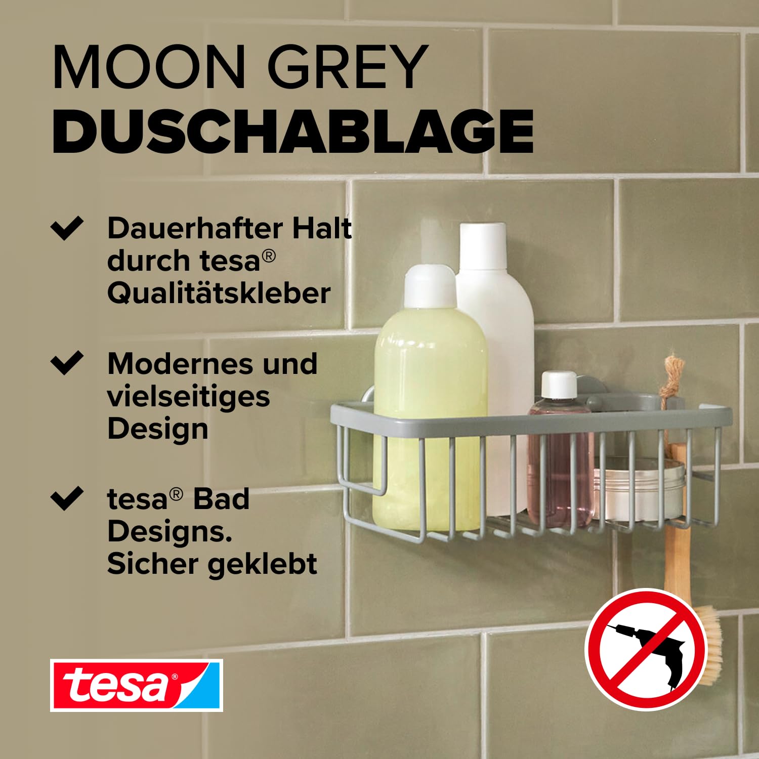 tesa MOON GREY Duschablage zur Wandmontage ohne Bohren, grau matt - einstöckig und extra tief - für Bäder im Industrial Style und moderne Badezimmer - mit Klebelösung - 250mm x 92mm x 125mm