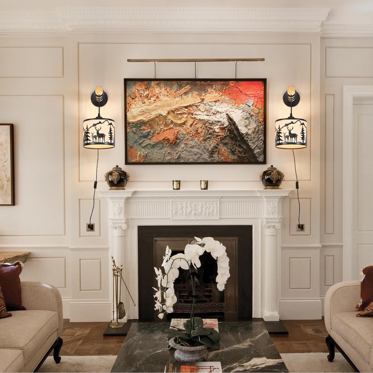 Rustic Plug-in Wall Sconces Set of 1, Deer Bald Eagle Cutout Metal and Wood Wall Lights with Linen Shade, Farmhouse Wall Lamps for Bedroom, Living Room, Cabin (Bulbs Not Included)