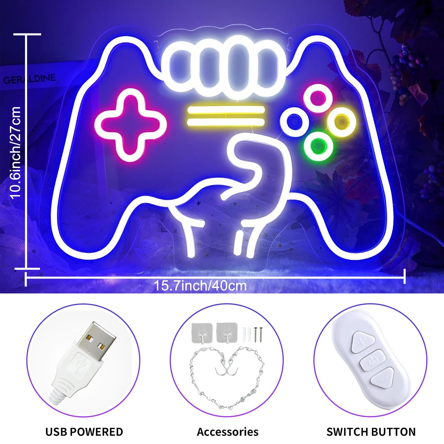 YSMNDE Insegna al neon con controller di gioco, per decorazione della stanza dei videogiochi, insegna al neon dimmerabile per la decorazione della stanza dei ragazzi, insegna al neon a LED,
