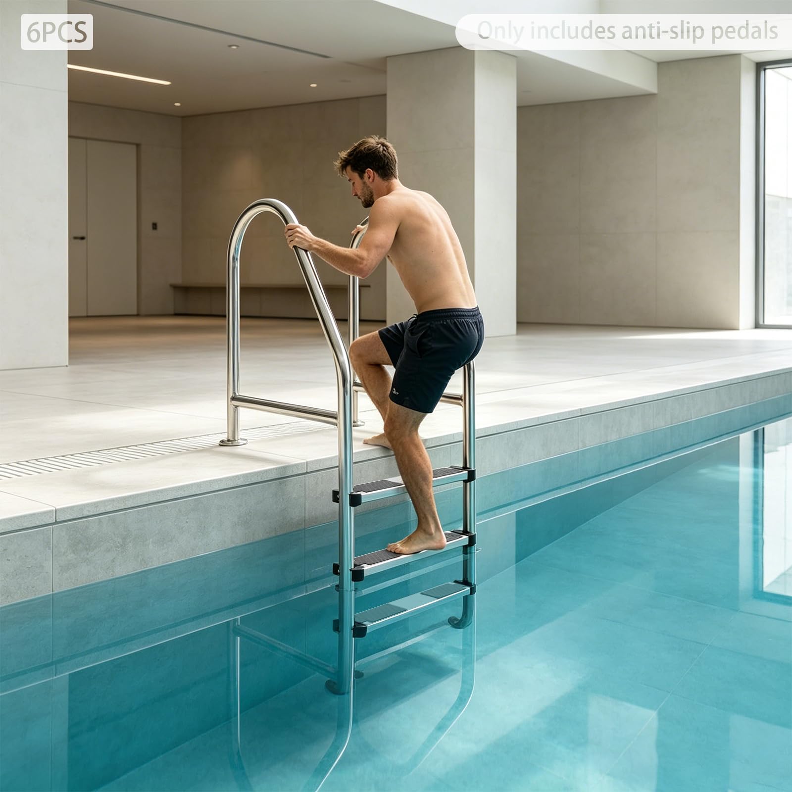Escalera de piscina con peldaños de acero inoxidable 304, 6 peldaños