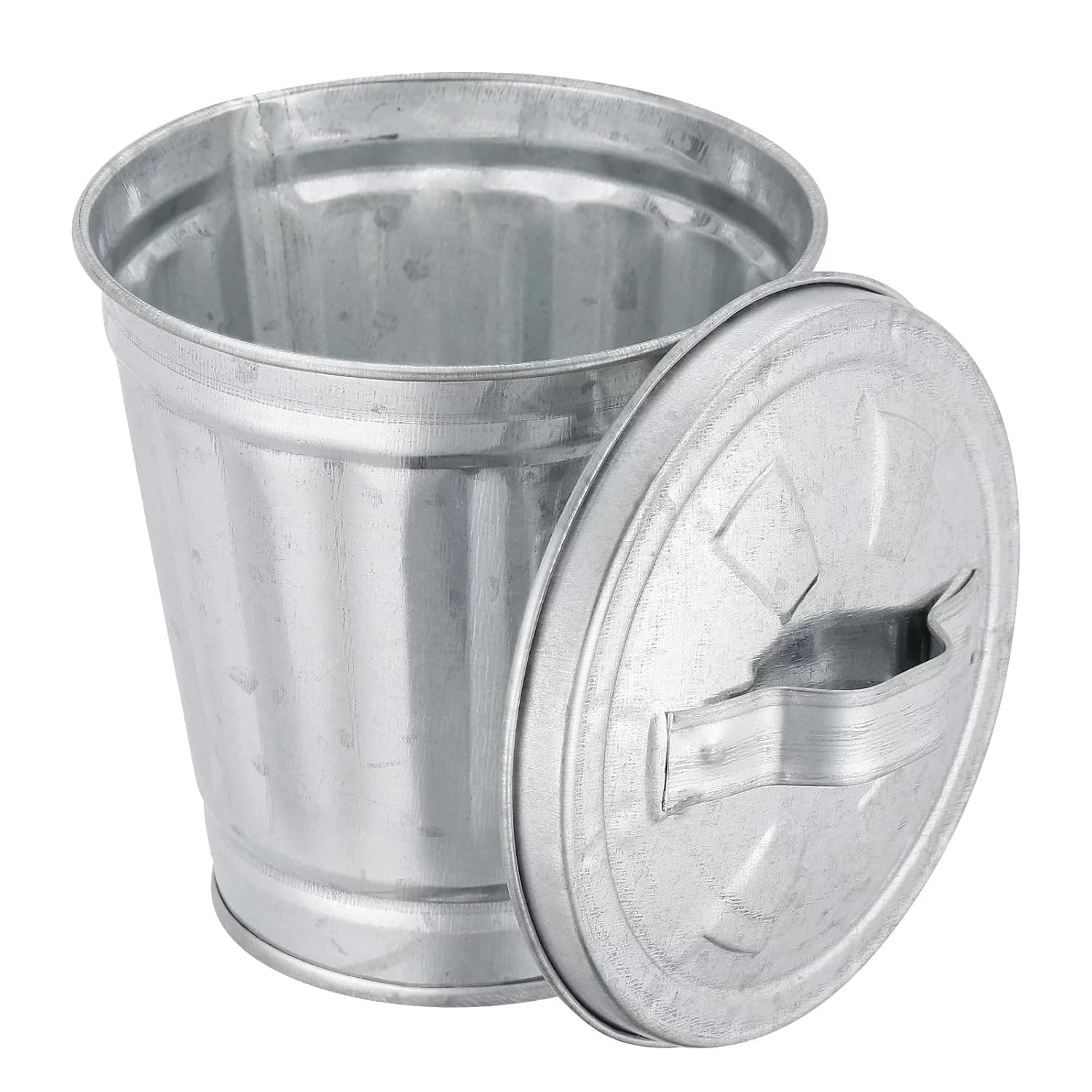 Cawhui Silver Mini Galvanized Trash Can with Lid Wastebasket Trash Can Metal Buckets Tabletop Mini Metal Rubbish Bin Flower Pot Pen Holde, Wastebaskets (9.5X9X6.3CM)