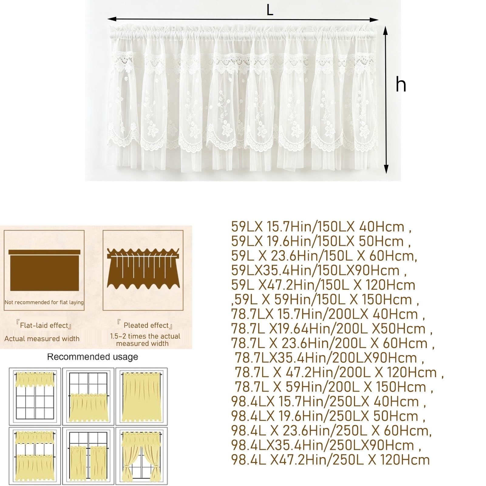 Rideaux Court Volants Cuisine en Voile Blanc, Rideaux Cuisine Style | Rideaux Fenêtre De Cuisine Au-dessus L'évier, Demi-fenêtre Filtrant Lumière, Rideau Bistro(98.4LX 15.7Hin/250LX 40Hcm)
