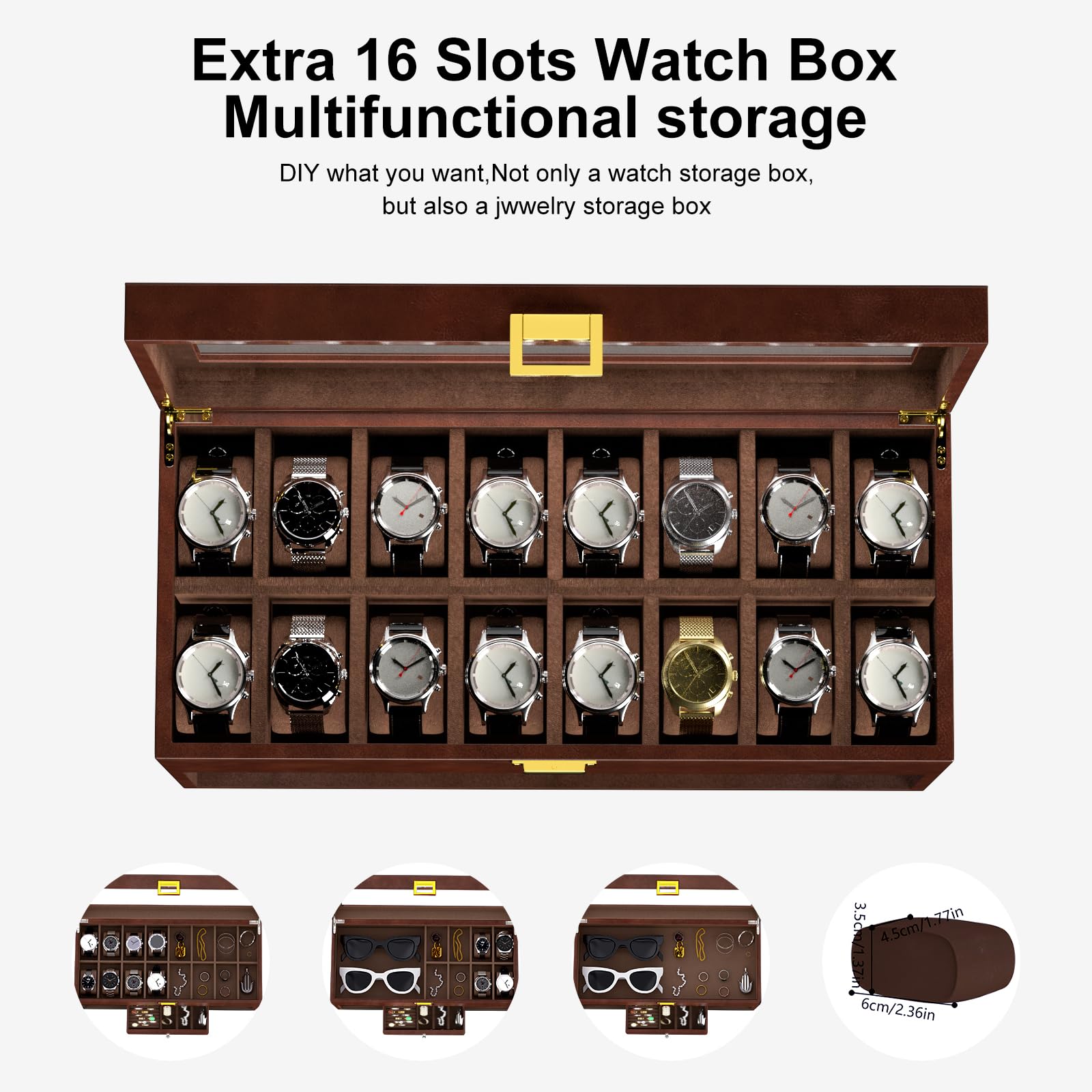 XTELARY Caja de almacenamiento doble para 2 relojes automáticos con caja de 16 cajones, 4 modos de rotación, cojín ajustable y luz LED azul para los amantes de los relojes