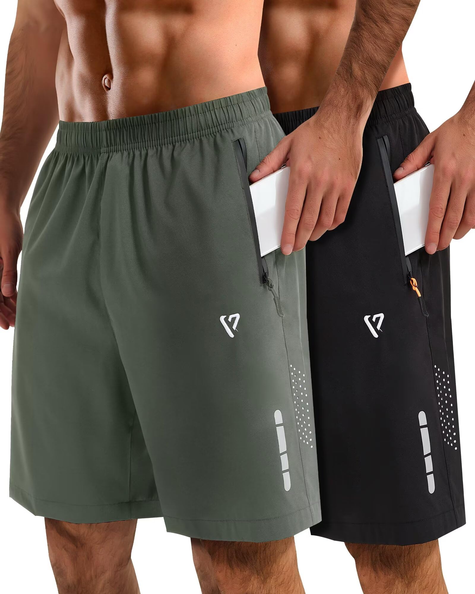 FIONECA 2 Pack Mens Athletic Shorts Quick Dry 7 Inch Running Shorts Breathable Mesh Gym Workout Shorts with Zipper Pockets