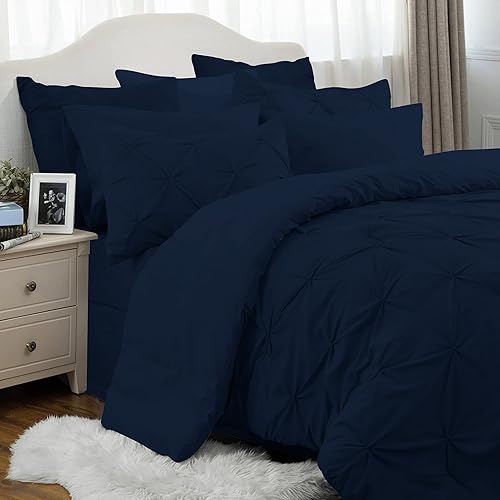 Miniatura 3 de High Kotton - Juego de edredón plisado de 8 piezas en una bolsa, ropa de cama plisada para cama Queen (azul marino) de color, edredones, sábanas,
