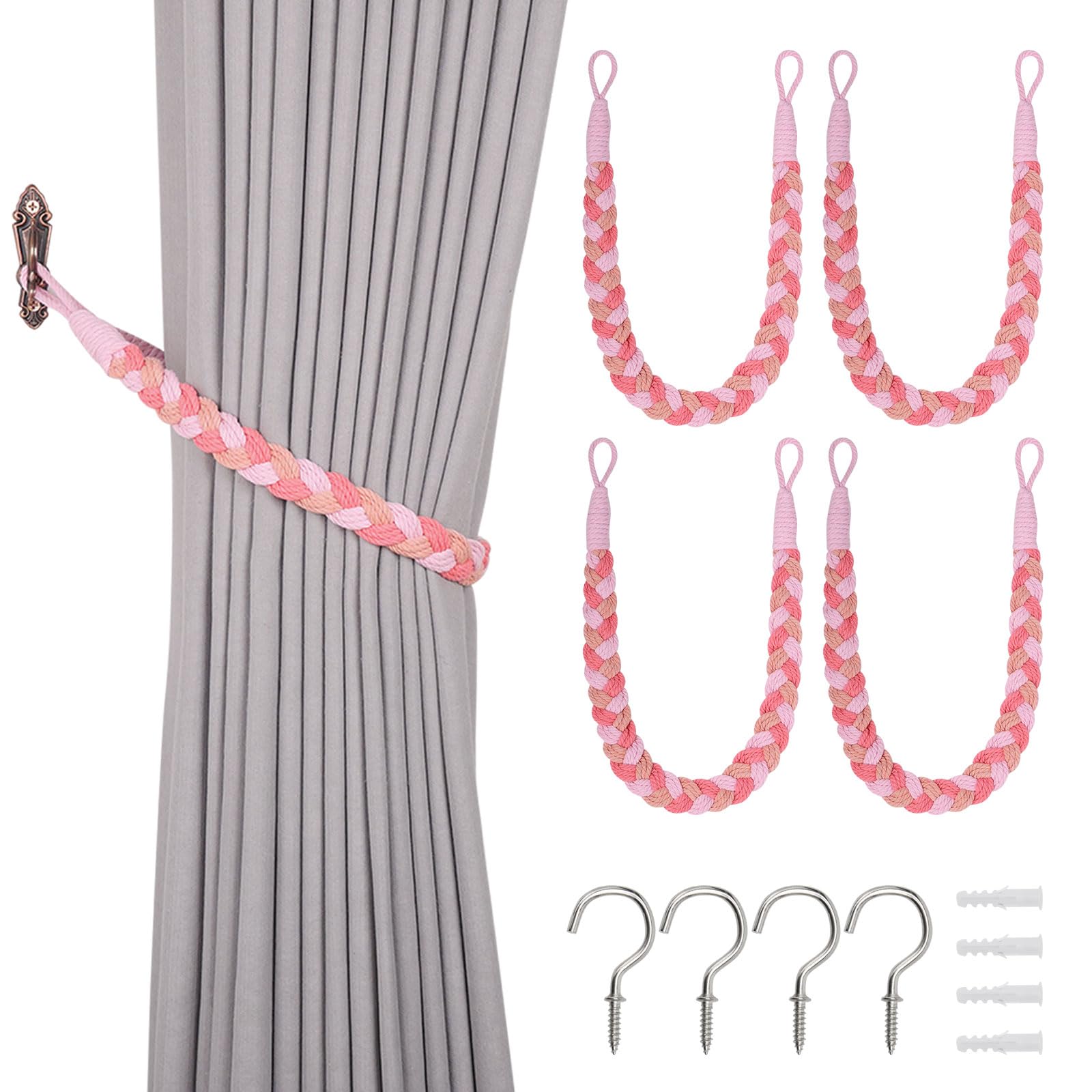 Pretty Jolly 4 Pack Natural Cotton Rope Curtain Tiebacks Elegant Boho Style Decorative Drape Tie Backs Soft Hand-Woven Rope Curtain Holdbacks with Metal Hook for Home & Office Drapery (Gradient Pink)