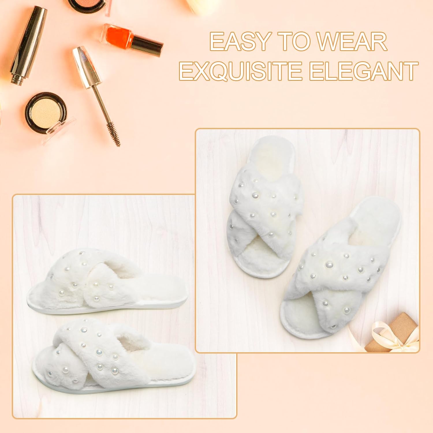 4 Pairs Women's Fuzzy Slippers, White, One Size, Pearl Embellished, Open Toe, Soft Plush, Non-Slip, Wedding & Party Gifts