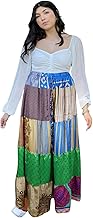 Mogul Interior Women's Boho Patchwork Maxi Skirt – Blue & Green Flowy Beach Cover-Up Skirt, Handmade Festival Skirt S/M/L