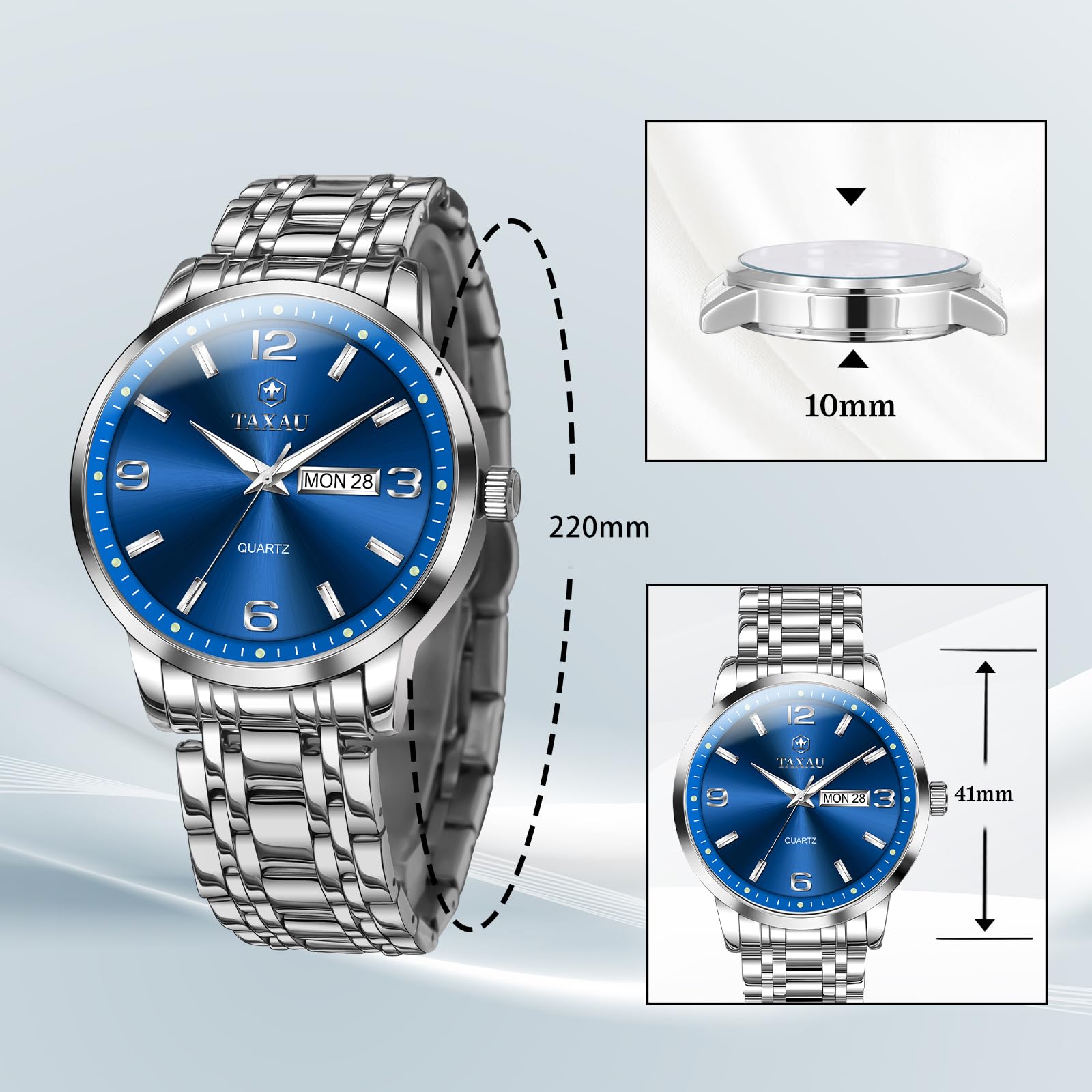 Taxau Armbanduhr Herren Analog Quarz wasserdichte Luxus Business Edelstahl Herrenuhren Multifunktion Leuchtdatum Elegantes Geschenk