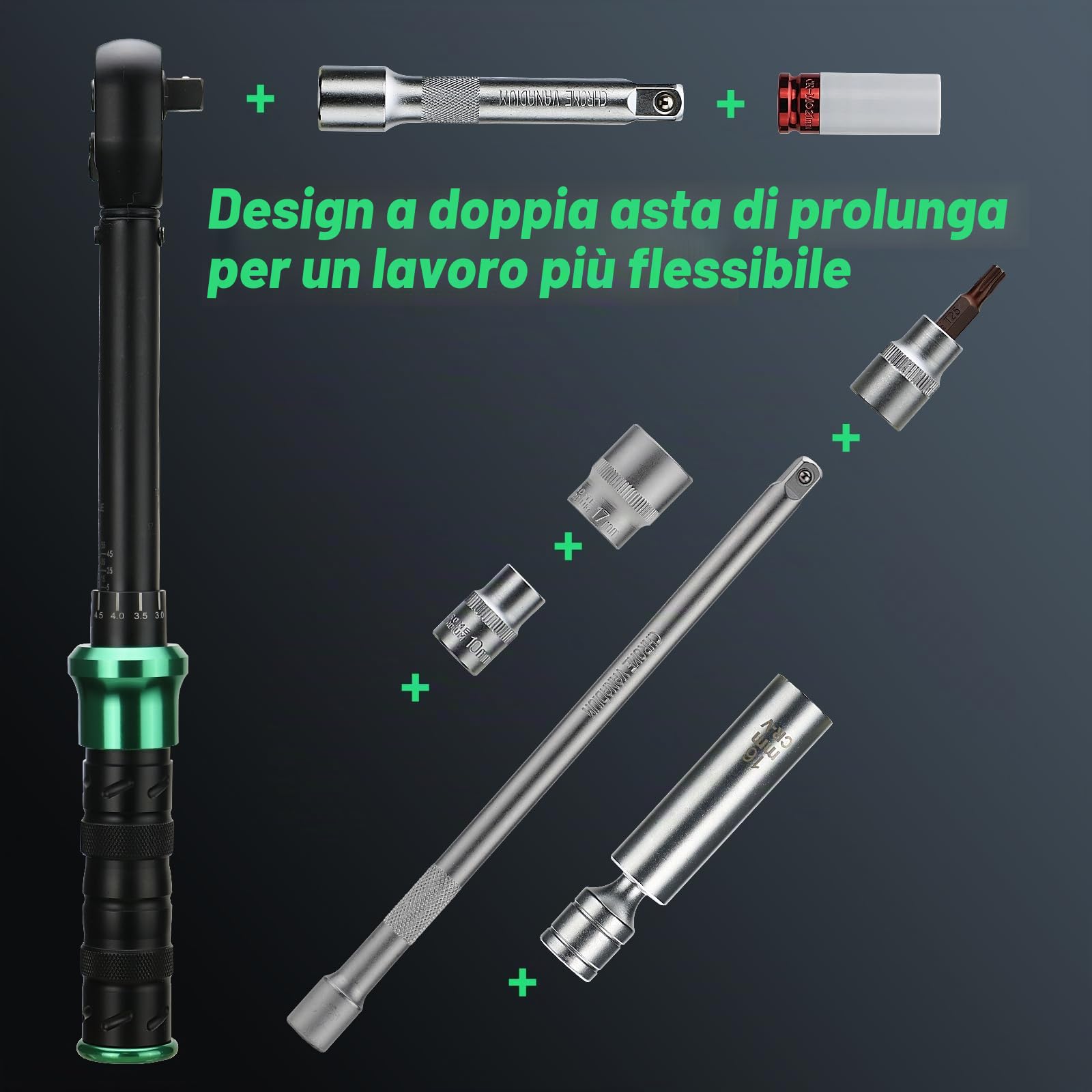 Set di chiavi dinamometriche 60 Nm e 220 Nm, 3/8 e 1/2 azionamento con 15 chiavi esagonali, candela, prolunghe per auto, moto, manutenzione industriale