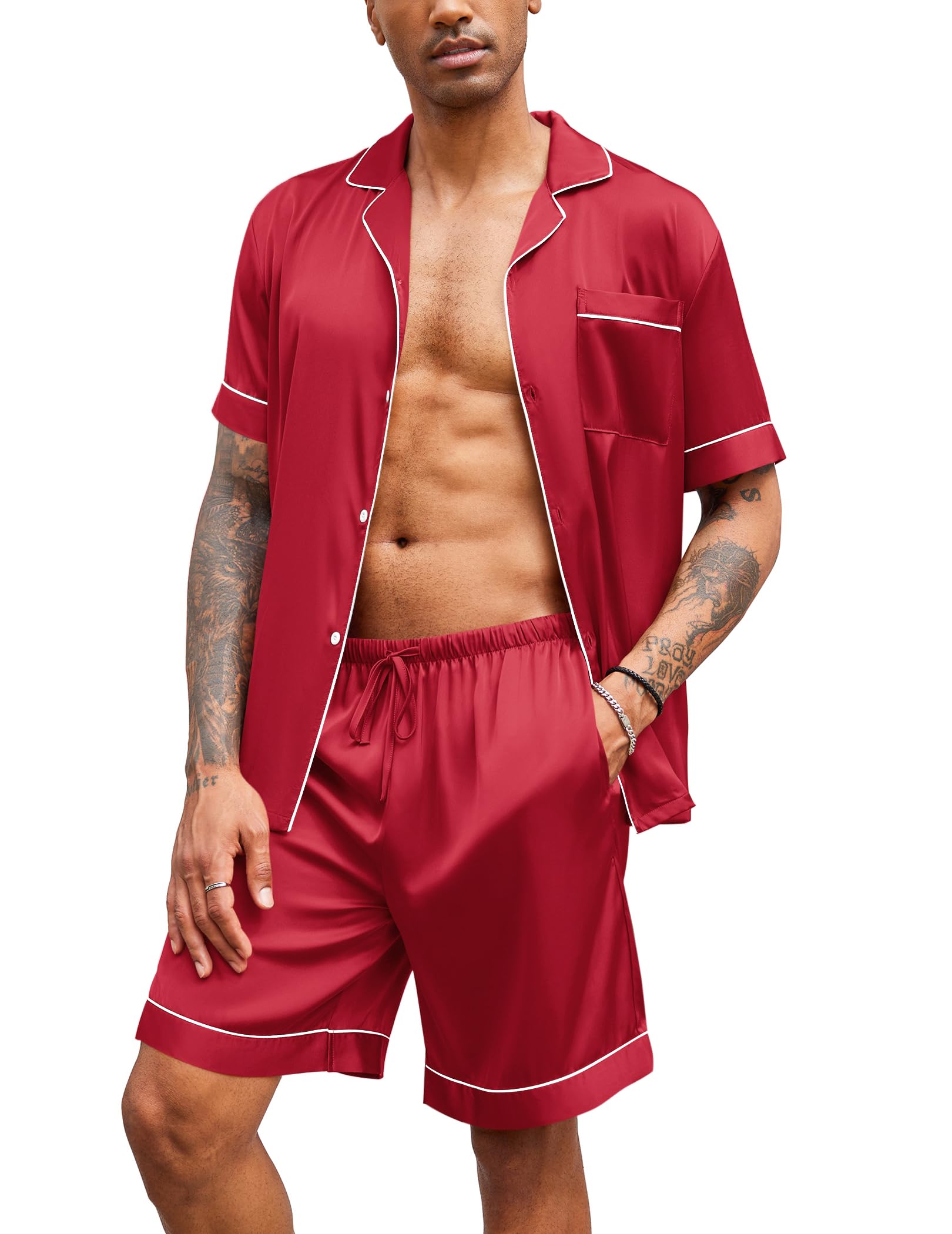 Ekouaer Mens Silk Satin Pajamas Set Short Sleeve Button Down 2 Piece PJs
