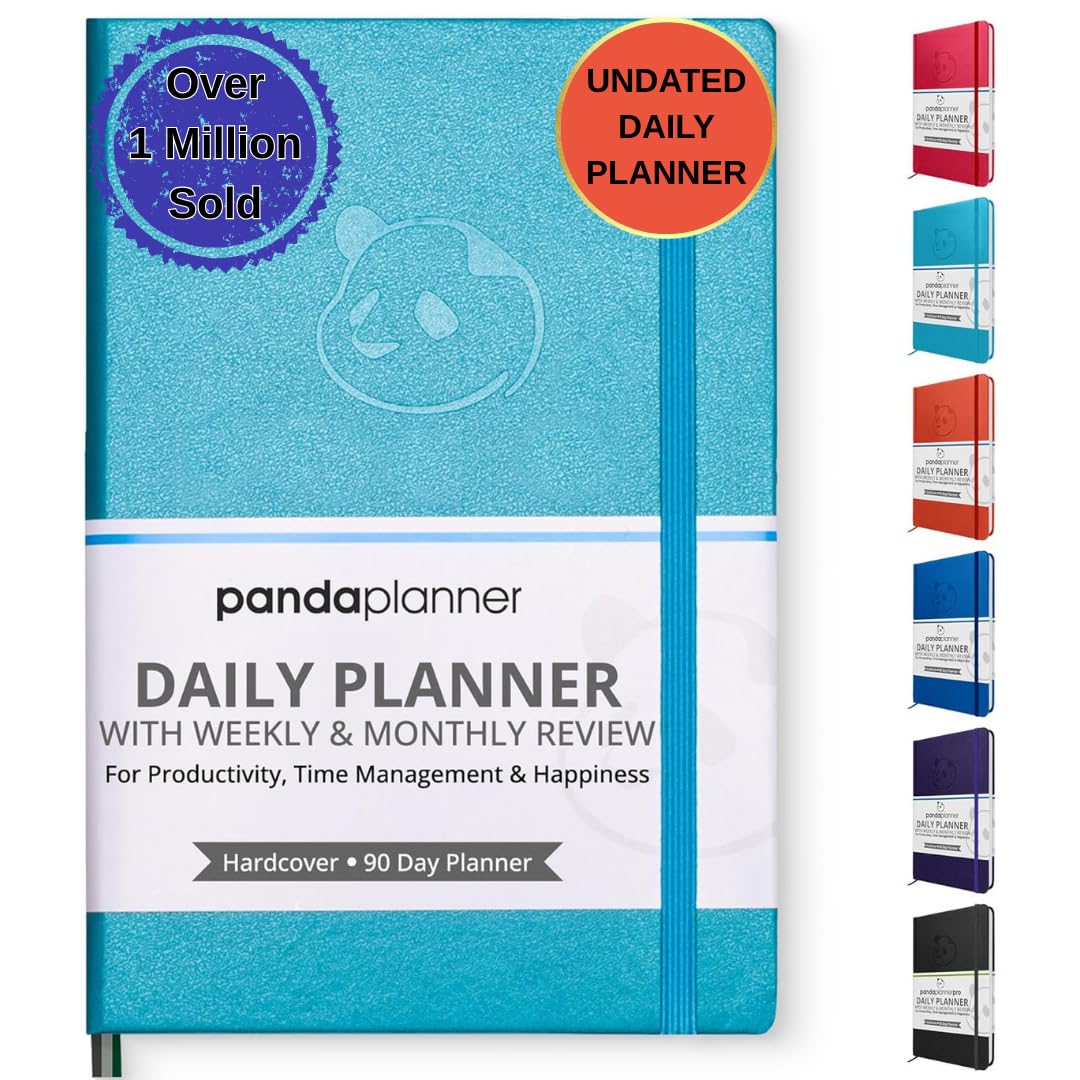 Panda Planner - Daily Planner, Calendar and Gratitude Journal to Increase Productivity, Time Management & Happiness - Hardcover, Undated Day - Quarter Year Planner - Guaranteed (Cyan)