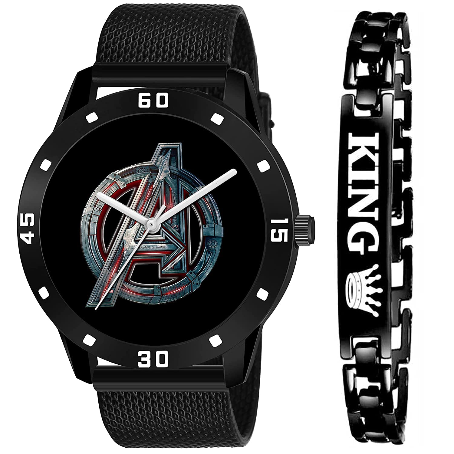 BIDAnalog Avengers Black Dial- Pu Strap & Black King Bracelet Combo Set for Men & Watch for Boys Pair of Watch and Bracelet (B09CV496ZX) Amazon Price History, Amazon Price Tracker