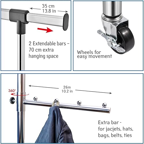 Miniatura 7 de Perchero sobre ruedas acero chapado en cromo ajustable Tatkraft Falcon Heavy Duty 6pies