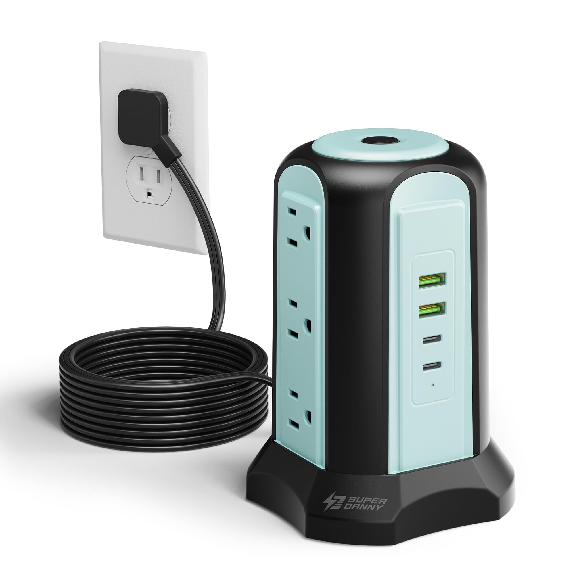 Power Strip Tower Surge Protector, SUPERDANNY Desktop Charging Station, 10 Ft Extension Cord, 9 Outlets, 4 USB Ports, 1080 Joules, 3-Prong, Grounded,