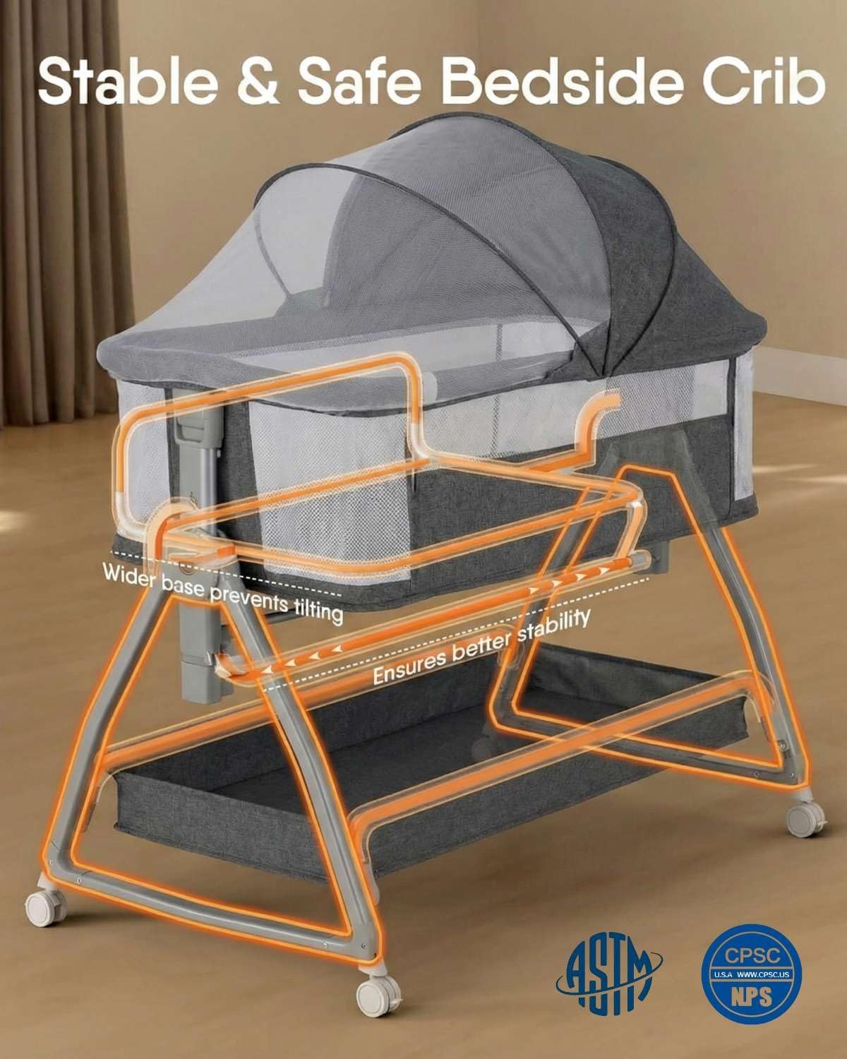 Bedside Bassinet for Baby, Sturdy 3 in 1 Bedside Sleeper with Mattress & Wheels, Height Adjustable, Breathable Mesh, Storage Basket, Easy to Assemble for Newborn, Black