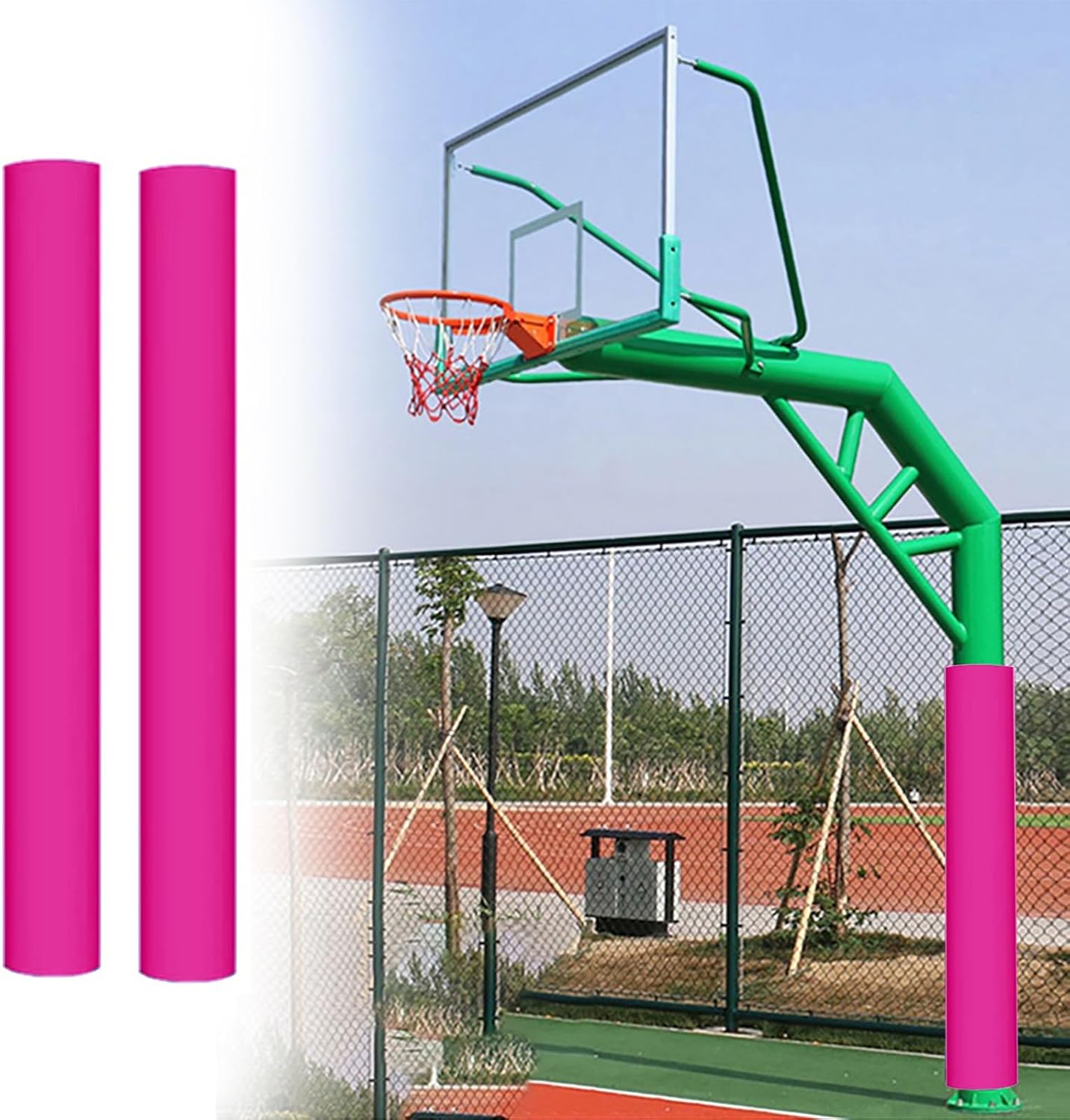 SRNSAEB 2 Pack Basketball Pole Pad Outdoor Indoor - All-Weather, Padding for Poles in Garage/Playground/Basement/Gym/Club, Weatherproof Basketball Hoop Protector Wrap-Around(Pink,Dia 114mm (4 1/2in))